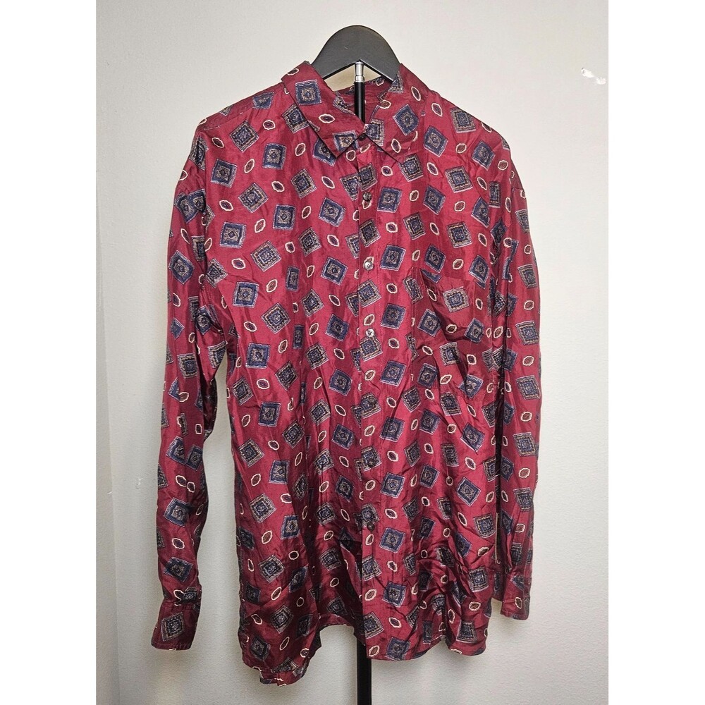 Porcini Silk Shirt Mens M Red Geometric Button Up Long Sleeve Vintage 90s Retro